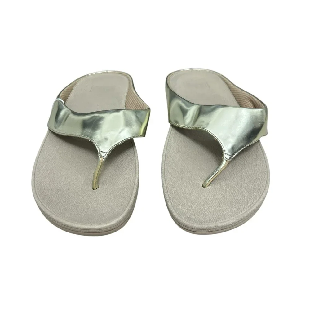 NWT Fitflop Ringer Leather Gold Metallic thong women's wedge sandals size 10